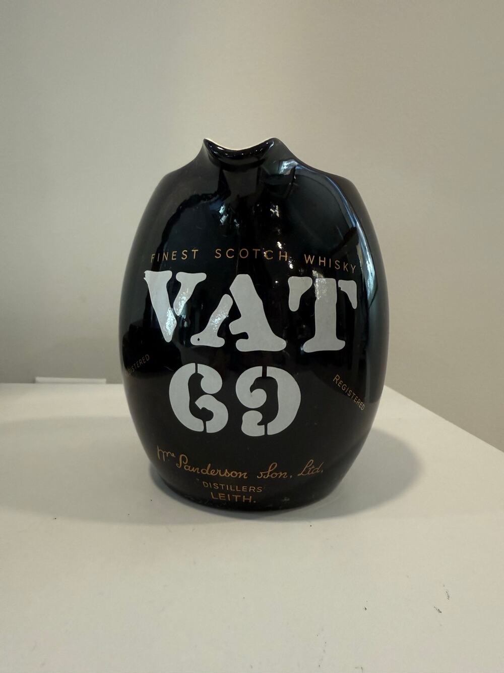 Vintage Black Ceramic Pub Pitcher Made in England for Vat 69 Scotch Whisky